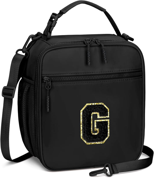 Initial Insulated Lunch Bag for Boys Kids, Back to School Gift, Reusable Leak-proof Lunch Box with Adjustable Strap for School Daycare Travel Picnic（Black，G）