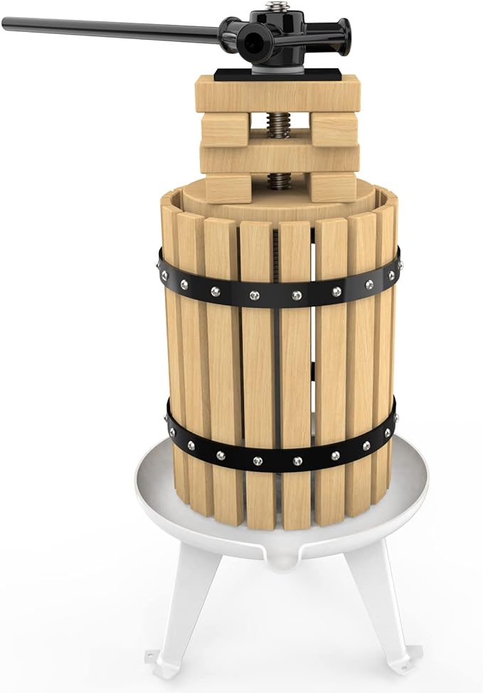 SQUEEZE master Fruit Press- 1.6 Gallon/6L-Solid Wood Basket Wine Press-Vintage traditional juicer-6 Press Wooden Blocks-Pole Handle Bar for Juice,Wine,Cider-1 free filter bag included