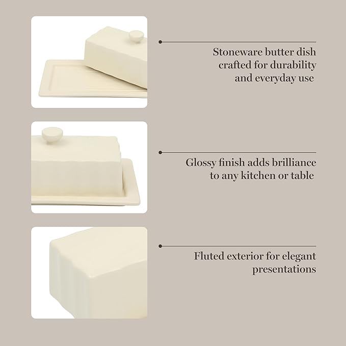 Martha Stewart Broadbrook Stoneware Butter Dish with Lid, Rectangular Covered Butter Keeper, 8.1 x 4.4 x 3 Inches, Classic Cream Glaze, Dishwasher Safe Ceramic Storage for Counter or Table