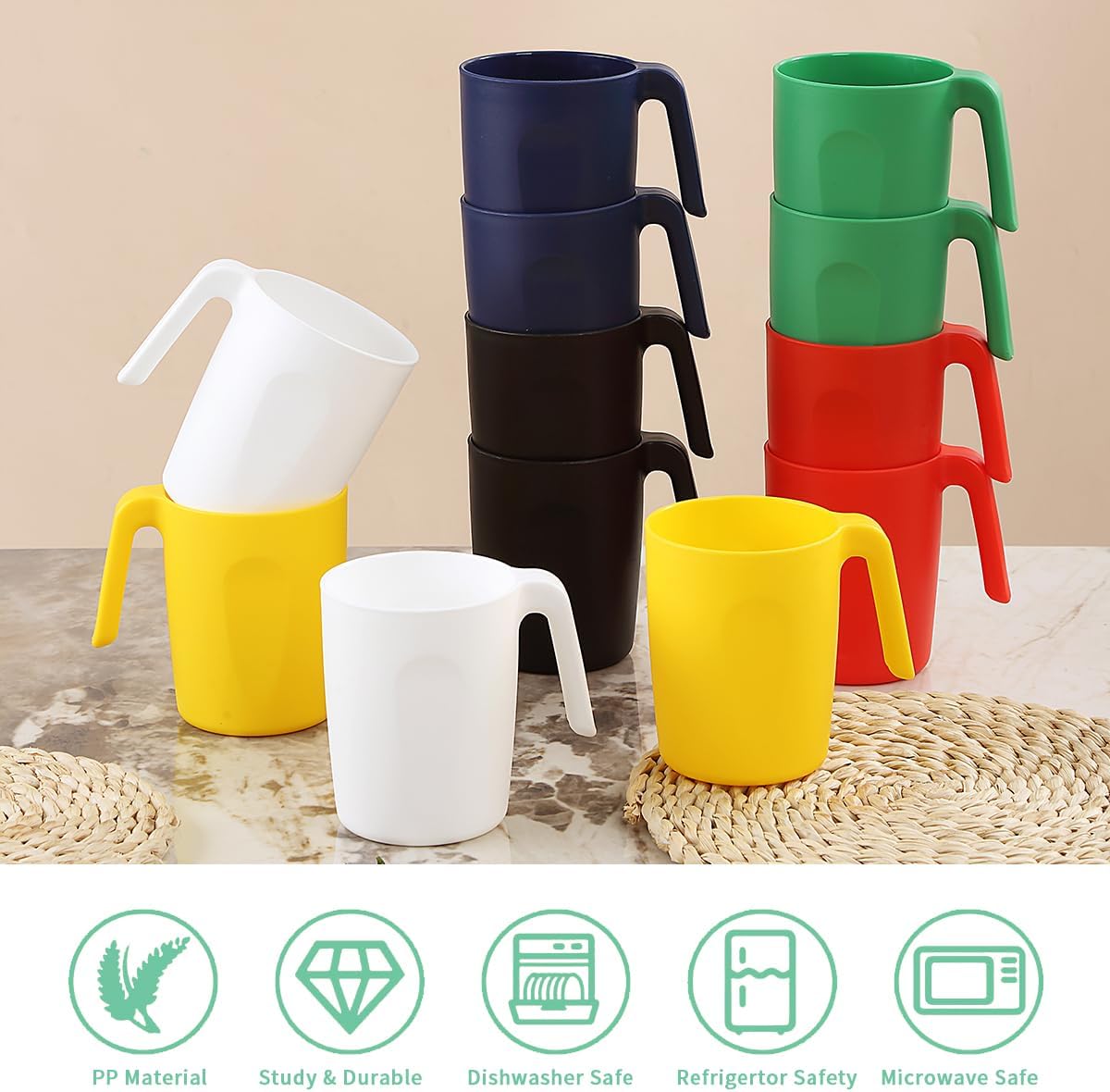 Kyraton Plastic Mug Set 12 Pieces, Mutil Color Unbreakable And Reusable Light Weight Travel Coffee Mugs Espresso Cups Easy to Carry And Clean, Dishwasher Safe
