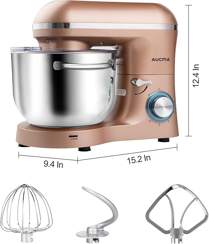 Aucma Stand Mixer,6.5-QT 660W 6-Speed Tilt-Head Food Mixer, Kitchen Electric Mixer with Dough Hook, Wire Whip & Beater (6.5QT, Champagne)