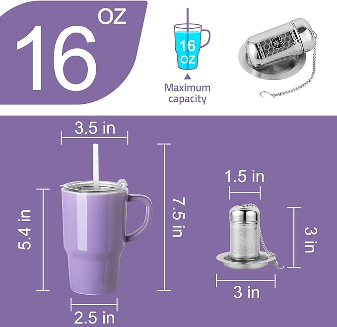Sweejar Ceramic Travel Mug with Lid, 16 oz Portable Coffee Mug, Dishwasher Safe Tea Cup with Infuser, Reusable Teacup for Car Cup Holder, Tea Lovers(Purple)