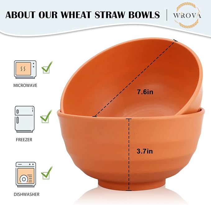 Wheat Straw Bowls Set 60 OZ Unbreakable Large Cereal Bowls Set of 6 Microwave and Dishwasher Safe Bowls Big Bowls for Eating BPA Free Soup Bowl for Serving Oatmeal and Salad Orange
