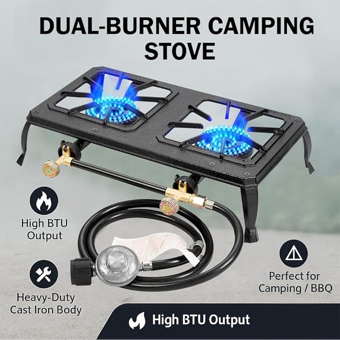 Vivicreate Cast Iron Propane Gas Stove Double Burner Heavy Duty Portable Removable Outdoor Cooker 200LB Support High Heat for Camping BBQ Fogon de Gas Estufa de Gas Portatil Parrillas de Gas