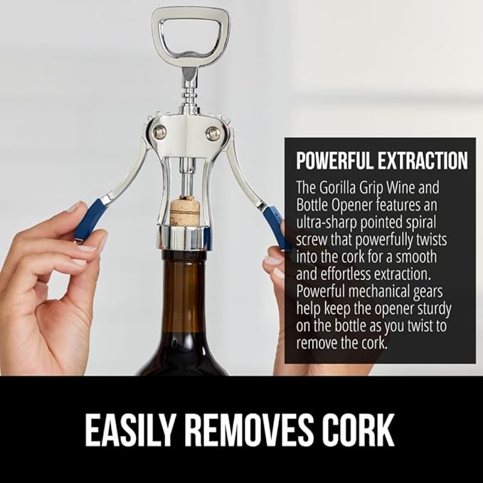 GORILLA GRIP BPA-Free Sharp Wine Opener, Heavy Duty Zinc Alloy Wing Corkscrew, Multifunctional Bottle Opener, Remove Corks or Cap, Easy to Use Bar Cork Screw, Dishwasher Safe Kitchen Essentials, Blue