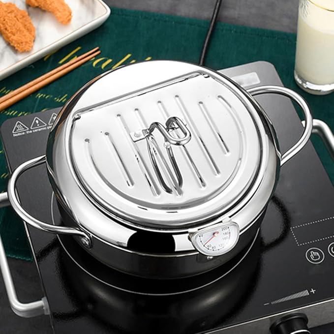 Deep Fryer Pot, 304 Stainless Steel Frying Pot with Temperature Control, Lid and Oil Drip Drainer Rack for Kitchen French Fries, Chicken Large Size 9.4 Inch/3.4 L Father's Day Gift