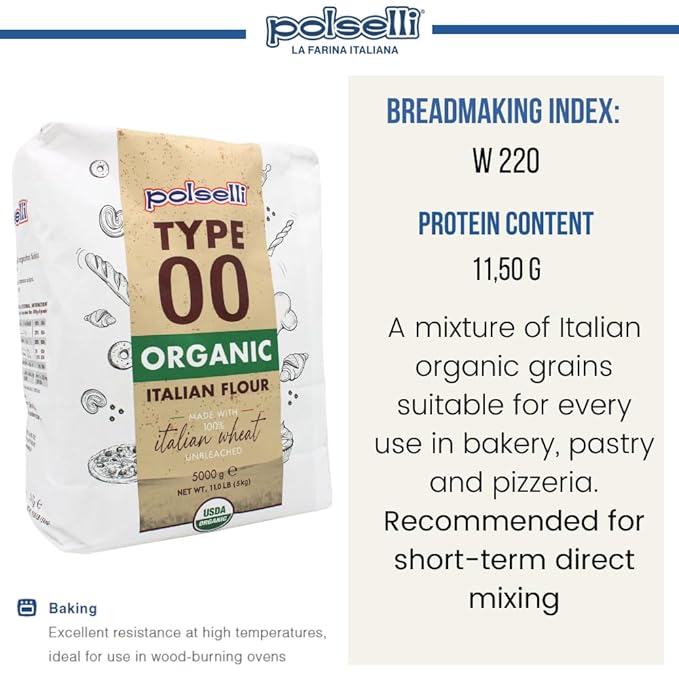 POLSELLI Organic Flour, Type 00, 100% Italian Grain, Double Zero Flour, OO Extra Fine, BIO, Neapolitan Italian Pizza, Bread, Pasta, All Natural, Unbleached, All-Purpose Flour, Unbromated, No Additives