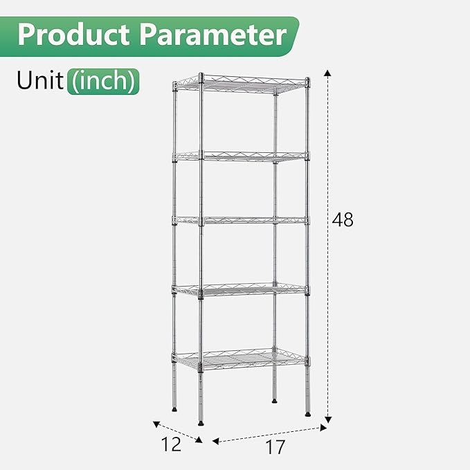FDW 5 Tier Wire Shelving Adjustable Metal Shelves 17L x 12W x 48H NSF Pantry Shelves Storage Rack Shelving Units for Kitchen Garage Small Places Commercial,Chrome