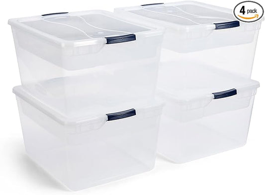 Rubbermaid Cleverstore 74 Qt Clear Storage Bins with Lids and Nesting Tray, 4-Pack, Stackable, BPA-Free, Made in USA