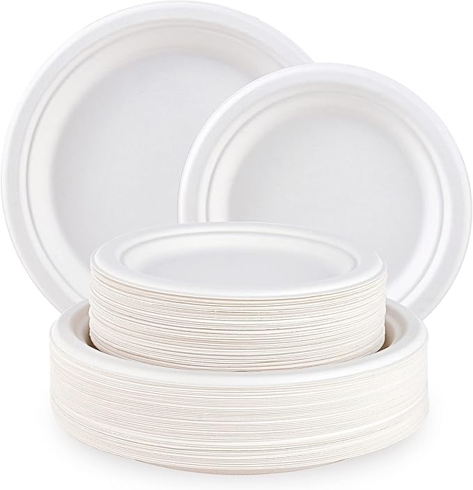 ECOLipak 120 Pack Compostable Paper Plates, 9 inch and 7 inch Heavy Duty Disposable Paper Plates, Eco friendly Sugarcane Biodegradable for Party Dinner Birthday