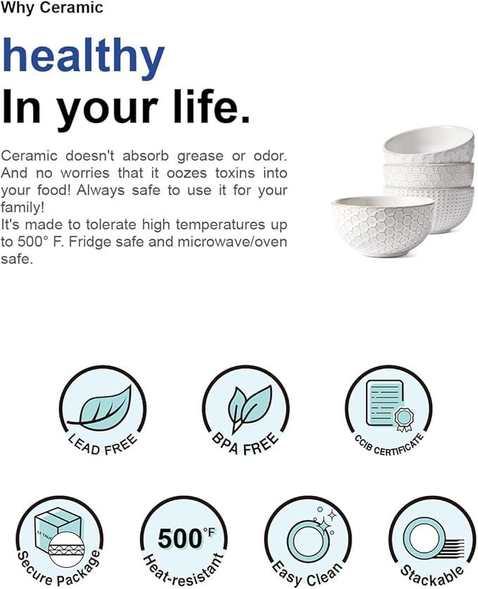 LE TAUCI Small Bowls 12 OZ, Ice Cream Bowl, Ceramic Embossment Stoneware Bowl, Bowls Set for Dessert, Fruits, Side Dishes, Suit For Housewarming - 4.5 Inch, Set of 4, Arctic white