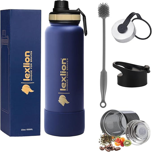 Lexlion Fruit Infuser Water Bottle - 22 Oz, Triple Walled Insulated Stainless Steel, Thermal Leaf Infuser, Silicone Sleeve, 3 Lids Leakproof, Metal Mug