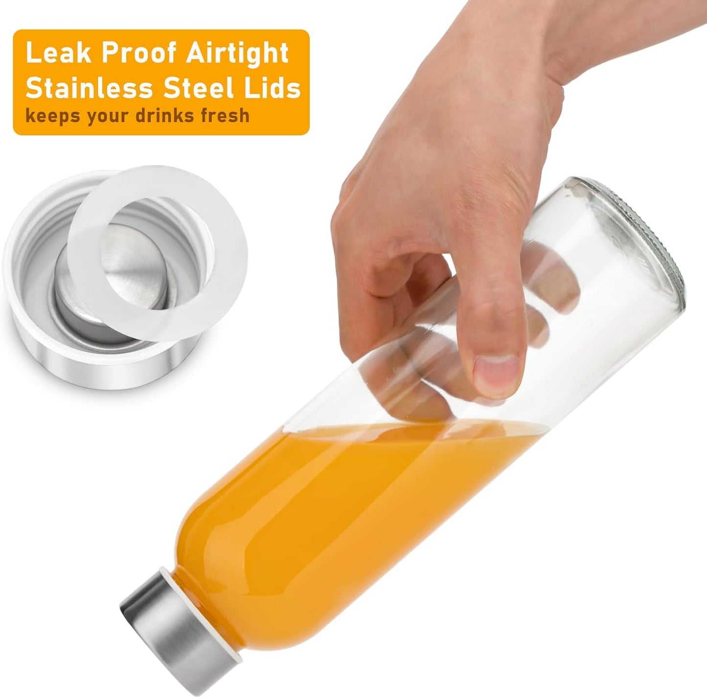 Sursip 18oz Glass Water Bottle Set of 6, Clear glass juice bottle for juicing，Reusable Drinking Bottles with Stainless Steel Lid，Beverage Storage Containers for Refrigerator-BPA Free，Leak Proof