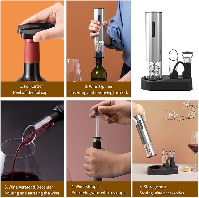 CIRCLE JOY 5-in-1 Electric Wine Opener Set Rechargeable Stainless Steel Automatic Corkscrew Wine Bottle Opener Set with Foil Cutter, Wine Aerator Pourer, Vacuum Wine Stopper and Storage Base, Silver
