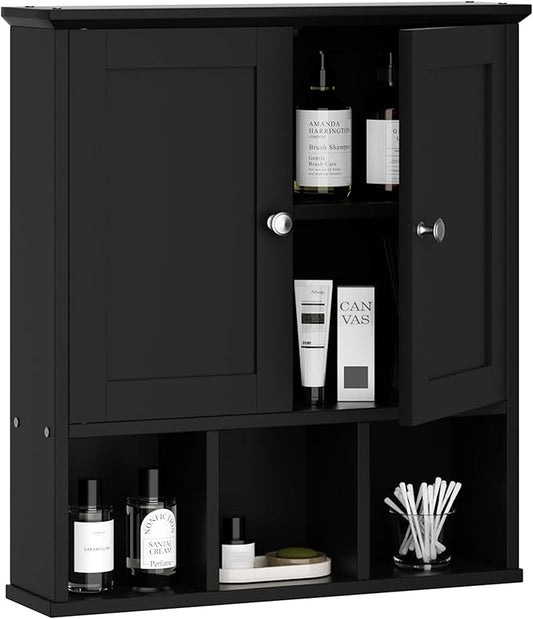 Shintenchi Bathroom Wall Cabinet with Door, Storage Organizer Over The Toilet Medicine, Space Saving with Adjustable & Open Shelf, Black