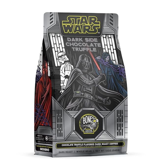 Bones Coffee Company Star Wars Dark Side Chocolate Truffle Flavored Coffee, Medium Roast Low Acid Arabica Beans Compatible with Auto drip and French Press Coffee Maker, 12 Oz Whole Bean