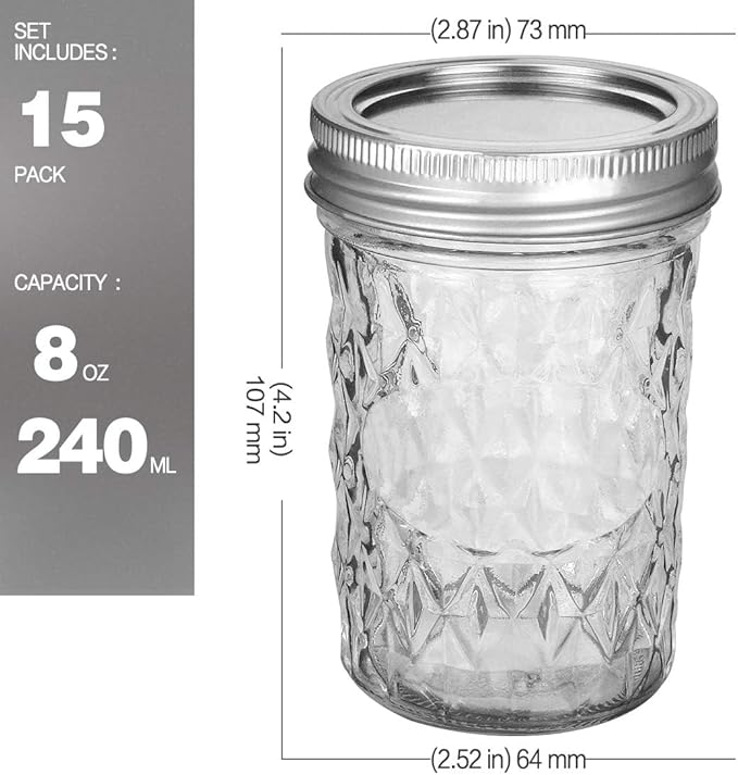 VERONES Mason Jars 8 OZ, 8 OZ Canning Jars Jelly Jars With Regular Lids, Ideal for Jam, Honey, Wedding Favors, Shower Favors, 15 PACK