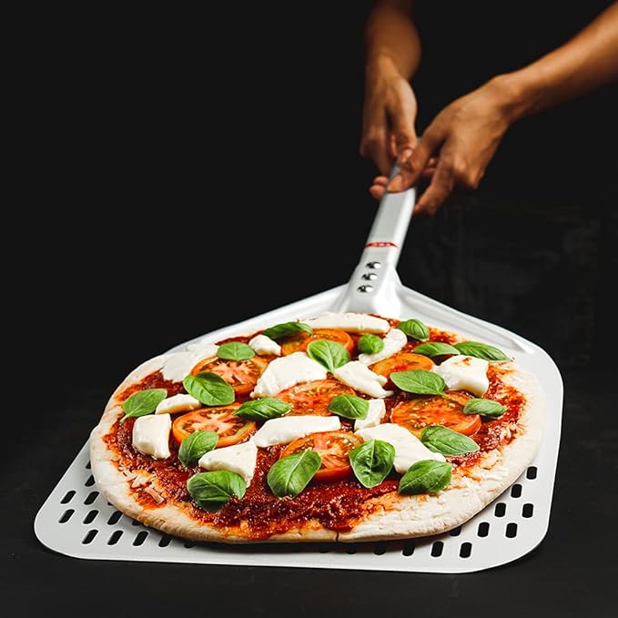 TKC Perforated Pizza Peel 12 Inch - Long Handle Perforated Aluminum Pizza Paddle - Lightweight Pizza Turning Peel Spatula - Compatible with all Ooni Pizza Ovens - 26 Inch Overall Length (Silver/Gray)