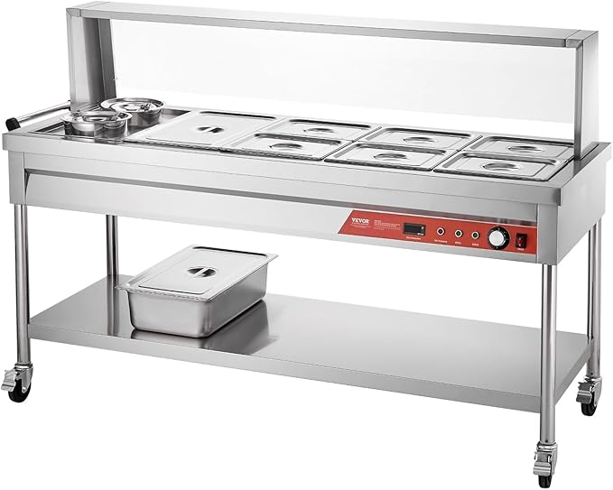 VEVOR Commercial Electric Food Warmer, 7 Pans + 2 Pots Steam Table, 1800W Professional Buffet Catering Food Warmer with Shield Undershelf Wheels, Stainless Steel Server for Party Restaurant