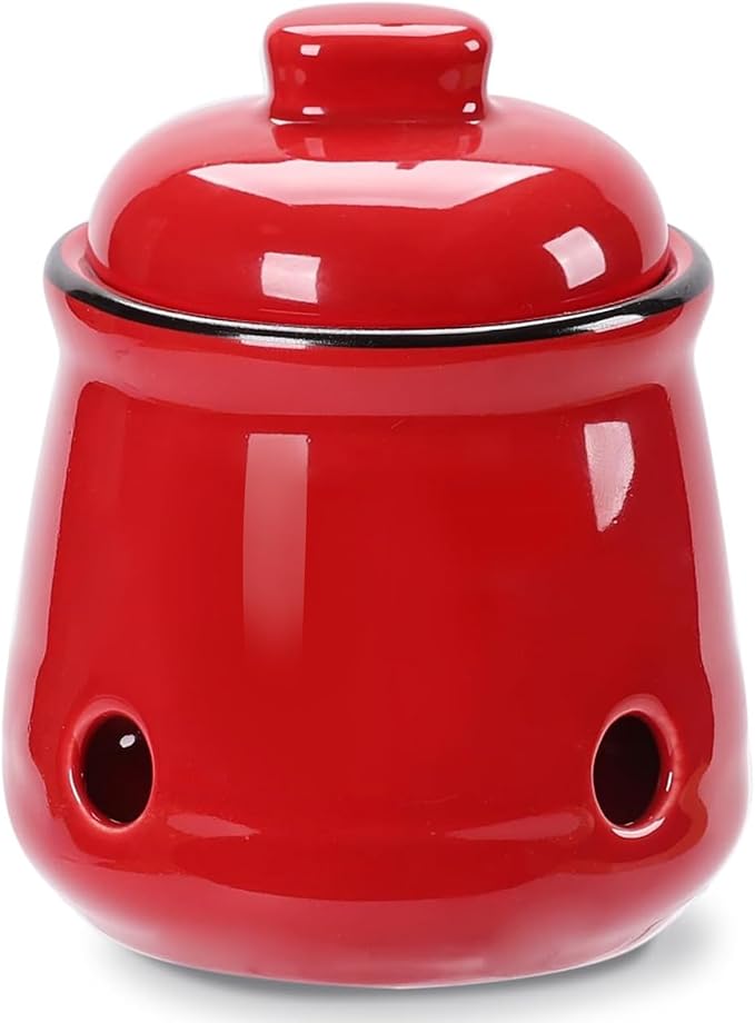 HAOTOP Ceramic Mini Garlic Keeper with Lid, Garlic Container Saver for Countertop, Keep Your Garlic Cloves Fresh (Red)