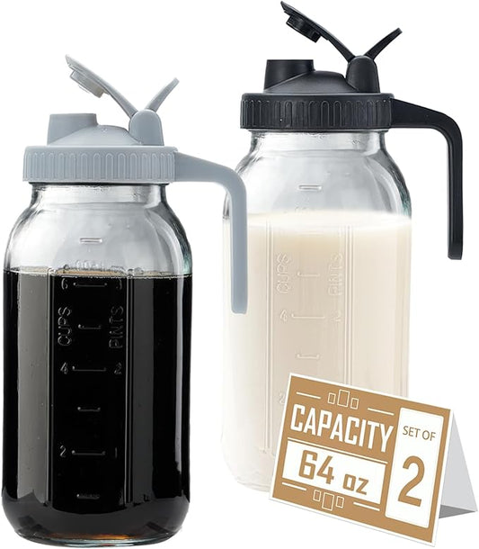 64oz Glass Pitcher with Lid - 2 Quart Mason Jar Pitcher with Spout, Leak-proof Milk Container for Refrigerator, Easy to Clean Wide Mouth Water Jug, Juice, Tea, Iced Coffee, Beverage and Drinks