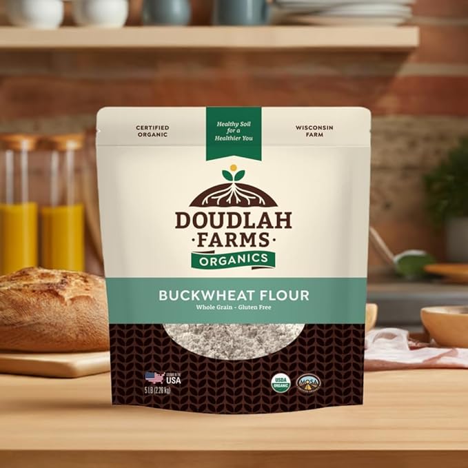 Organic Buckwheat Flour 5 lb - Non-GMO, USDA Organic, Gluten Free, Vegan - For Baking Bread, Pancakes, and More! Grown In USA, Farmed From Regenerative Soil by Doudlah Farms