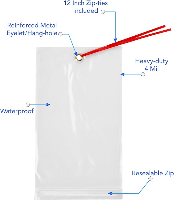 GPI - 5.75" x 11" Recloasbale Zip Bags with Bottom Hang-hole & Pre-inserted 12" Twist-tie. 4 Mil Heavy-duty Resealable Zipper Baggy with Grommet/Metal Eyelet for Hanging (Insert Size 5x9.5) 100 Pack