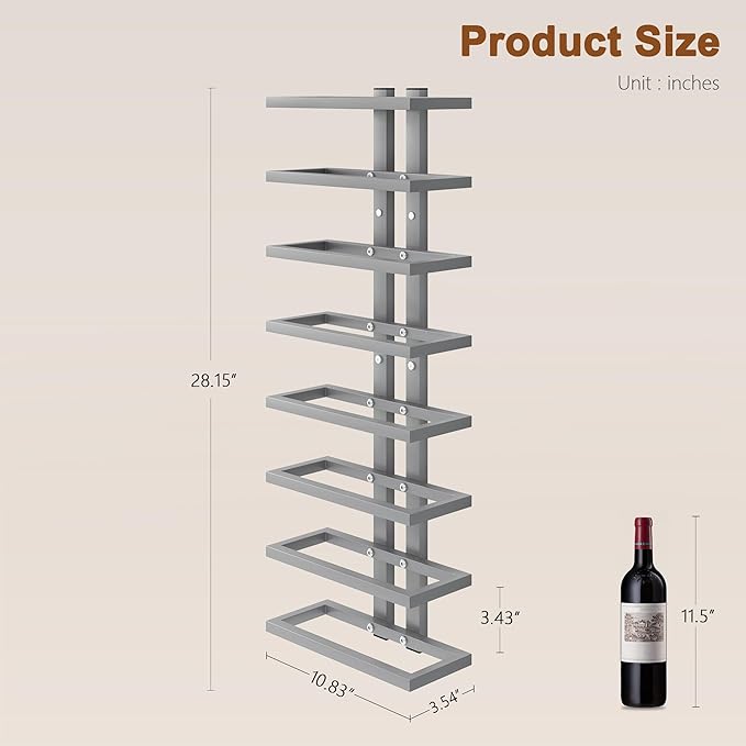 Hoctieon 8 Tier Wall Mount Wine Rack, Wall Racks for Wine Bottles Display and Storage, Hanging Bottle Organizer for Living Room, Dining Room, Wine Cellar, Bar, Grey