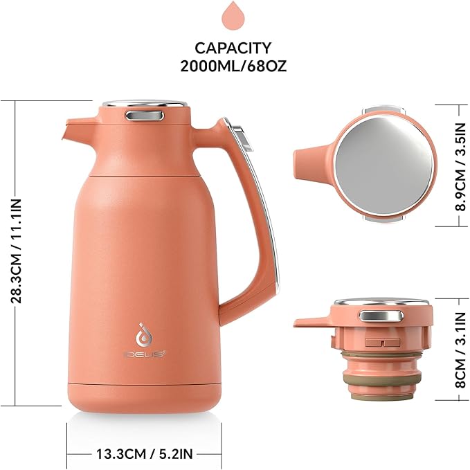 IDEUS Thermal Coffee Carafe 68oz (2,000ml), Stainless Steel Double Wall Insulated Vacuum Flask, Water Jug Coffee Server and Beverage Dispenser, Heat and Cold Retention (Coral, 68oz (2,000ml))