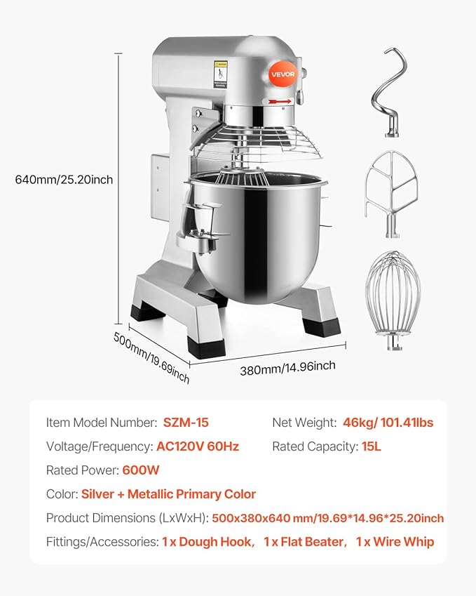 Happybuy 15Qt Commercial Food Mixer with Timing Function， Commercial Mixer 600W Stainless Steel Bowl Heavy Duty Electric Food Mixer Commercial with 3 Speeds Adjustable, Perfect for Bakery Pizzeria