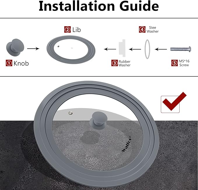 Universal Lid for Pots, Pans and Skillets - Walfos Tempered Glass Pan Lid with Heat Resistant Silicone Rim, BPA Free Large Pot Lids Fits 7" to 12" Diameter Cookware, Dishwasher-Safe, Grey