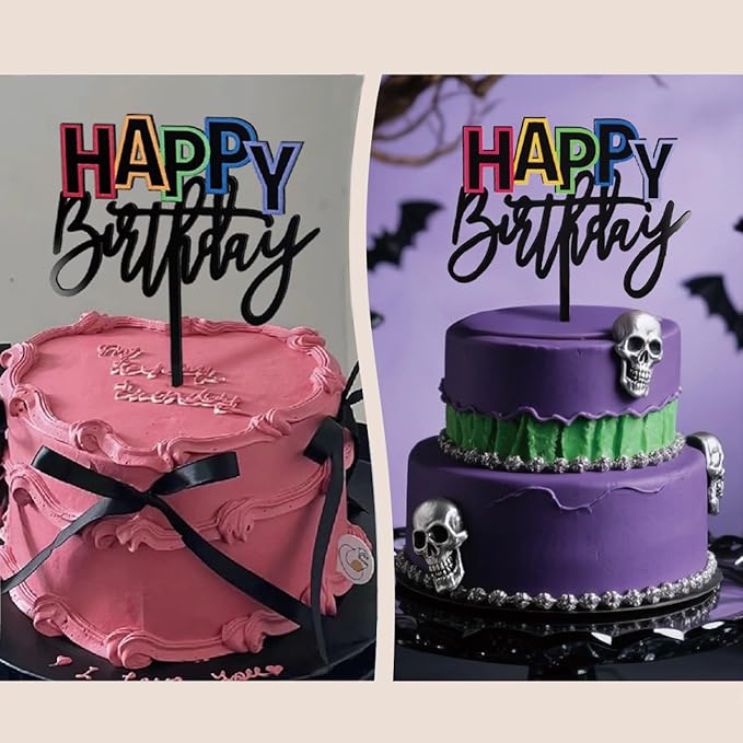 Acrylic Black Happy Birthday Cake Topper, 7.5" x 6" Rainbow Birthday Cake Decoration (Black)