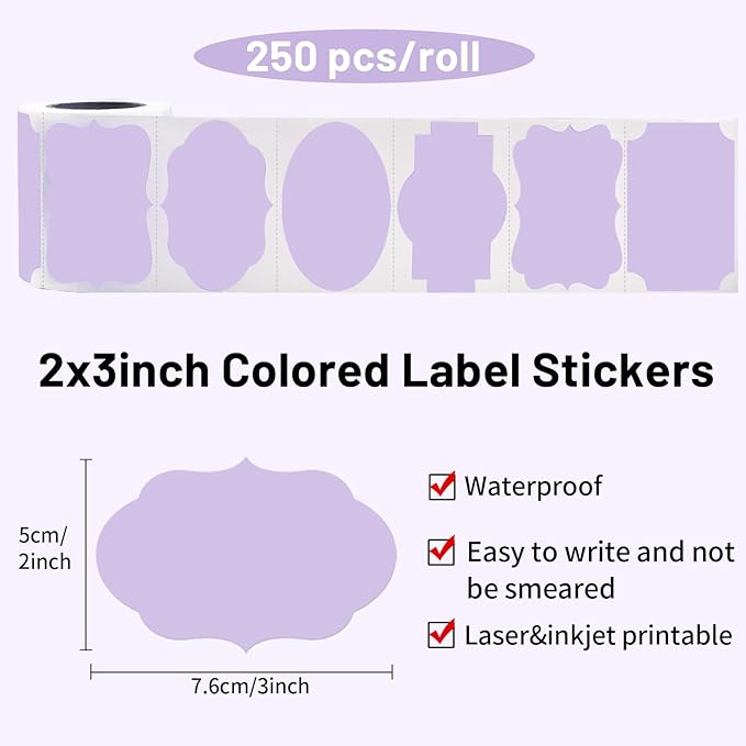 Purple Labels - 250 PCS 3" x 2" Fancy Shape Stickers for Storage Box or Food Jars