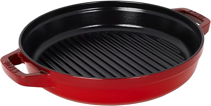 STAUB Cast Iron Set 4-pc, Stackable Space-Saving Cookware Set, Dutch Oven, Skillet, Grill Pan with Universal Lid, Made in France, Cherry