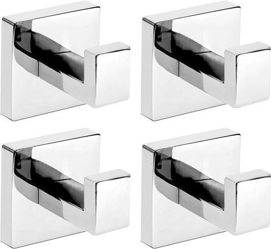 IBosins 4 Pack Towel Hooks Hand Towel Holder for Bathroom Wall Livingroom Bedroom Kitchen Closet Heavy Duty Stainless Steel Hook Hanger for Robe, Bath Towel, Coat (Square Polished Chrome)