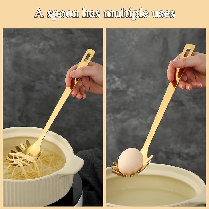 Gold Spaghetti Spoon, ReaNea Pasta Server, Stainless Steel Pasta Spoon with Teeth, One-Piece Metal Pasta Fork, Noddle Fork Gold Kitchen Accessories Utensils, Heat Resistant, Dishwasher Safe