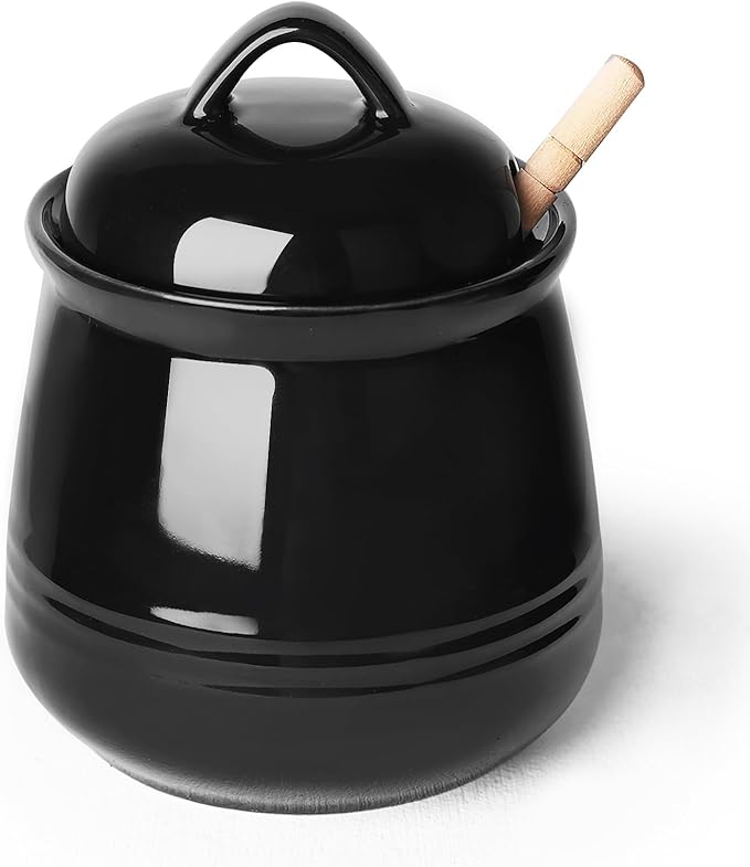 HAOTOP Ceramic Honey pot with Lid and Honey Dipper,Porcelain Honey Jar Easy to Clean and Dishwasher Safe,12oz (Black)