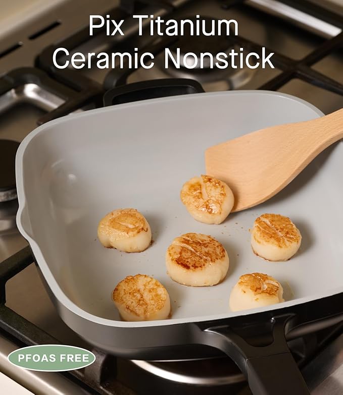 10.5 Inch(3.8QT) Deep Frying Pan,Non Stick Frying Pans Cast Aluminum,Ti-Ceramic Non Toxic Pix Pan with Lid,Natural Wooden Spatula and Loofah Scrubber-Midnight Hearth