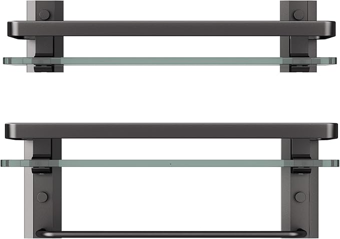 Danpoo Bathroom Shelves Wall Mounted, Clear Tempered Glass Shelf with Towel Bar, Hand Towel Holder(Matte Black)