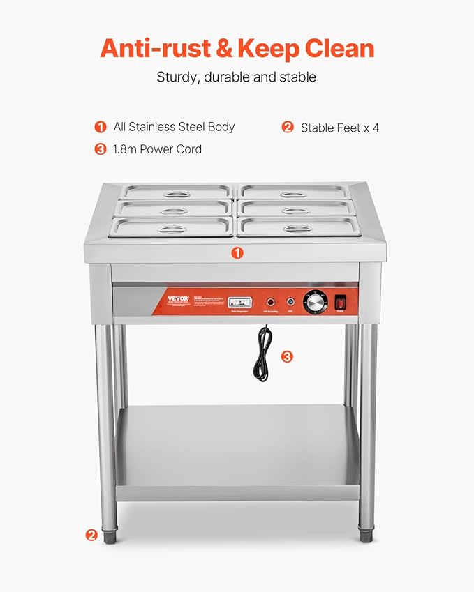 VEVOR 6-Pan Commercial Food Warmer, 6 x 1/3 Pans Electric Steam Table, 1500W Professional Buffet Catering Food Warmer with Undershelf, Stainless Steel Server for Restaurant Party Hotel