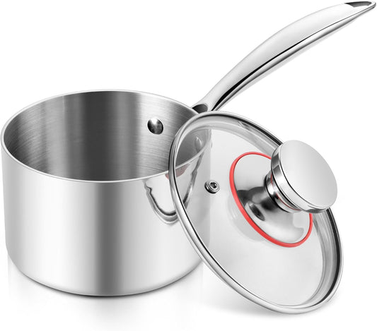 E-far 1-Quart Saucepan, Tri-Ply Stainless Steel Sauce Pan with Glass Lid, Small Cooking Induction Pot Compatible with All Cooktops, Non Toxic, Oven & Dishwasher Safe