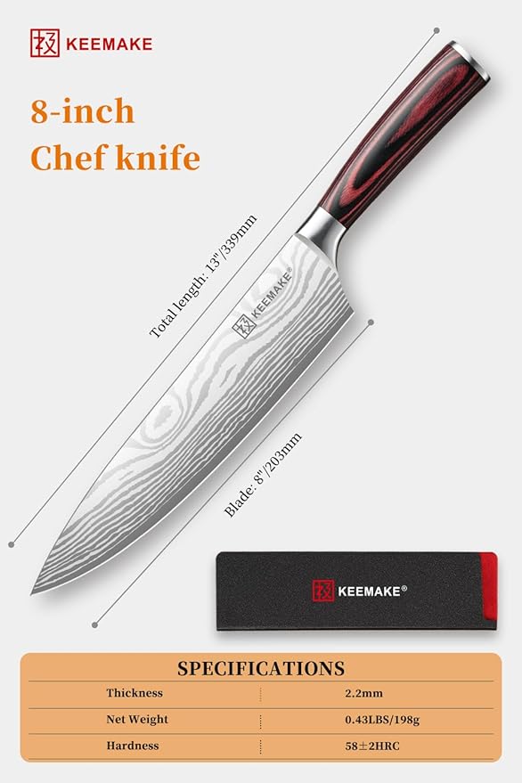 KEEMAKE Chef Knife 8 Inch - Ultra Sharp Kitchen Knife 1.4116 High Carbon Stainless Steel Blade, Ergonomic Handle, Professional Meat Knife for Home Cooking & Chefs, w/Sheath & Gift Box