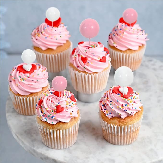 BEISHIDA 27 PCS Pink and White Ball Cake Topper Mini Balloons Cake Toppers Foam Ball Cupcake Toppers Happy Birthday Cake Insert Pick DIY for Anniversary Wedding Cake Decorations Baby Shower Party