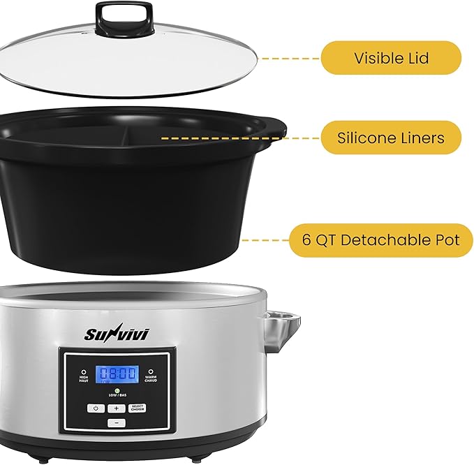 Sunvivi 6 Quart Programmable Slow Cooker with 2 in 1 Silicone Liners, Multi-Cooker Food Warmer with Digital Timer, Adjustable Tempature Control, Dishwasher Safe Parts, Silver