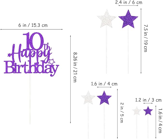 Glittery 10th Happy Birthday Cake Topper with Star,Personalised 10 Birthday Cake Toppers Party Decorations Party Supplies for Boys Girls Purple Silver