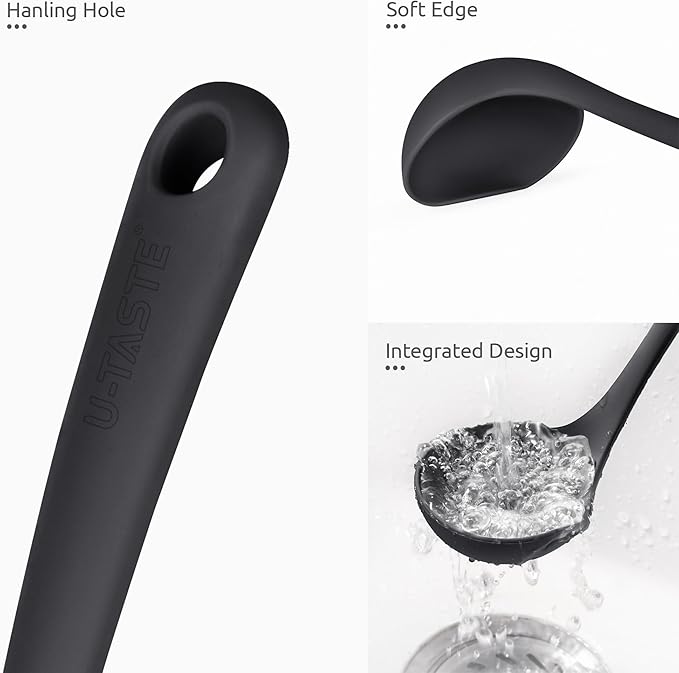 2.6oz Small Silicone Soup Ladle: U-Taste 600ºF Heat Resistant Non-Stick Kitchen Deep Serving Spoon, Soft Cooking Utensil with Non-Slip Solid Handle for Mixing Sauce Stew Gravy (11in, Black)