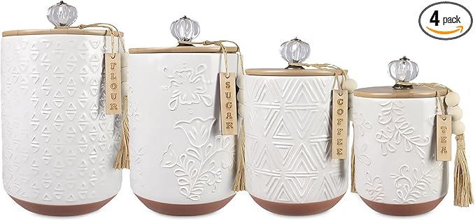 Youngs 21207 Ceramic Canister with Wood Lid and Silicon Seal, Crystal Knob and Blessing Bead Tassel Accent, 4-piece Set