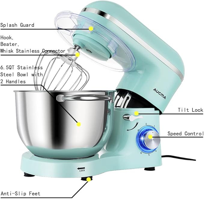 Aucma Stand Mixer,6.5-QT 660W 6-Speed Tilt-Head Food Mixer, Kitchen Electric Mixer with Dough Hook, Wire Whip & Beater (6.5QT, Blue)