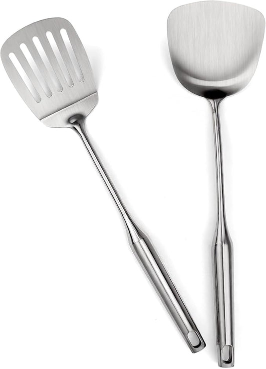 304 Stainlss Steel Kitchen Utensils Set, 2 Pcs Long Metal Utensils Set with spatula, slotted spatula turner (Dishwasher Safe)