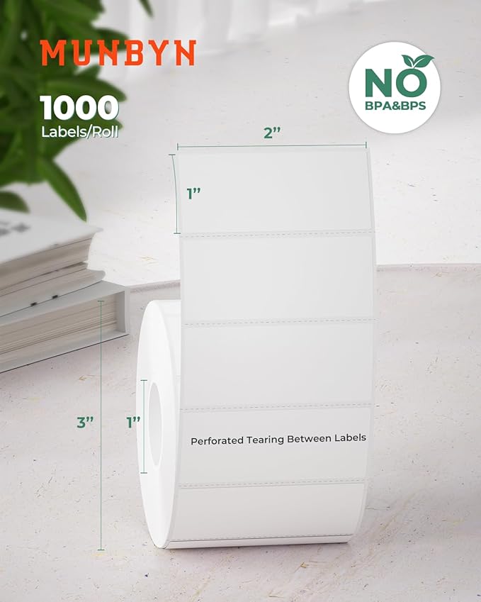 MUNBYN 2x1In Thermal Sticker Labels, Address Barcode Self-Adhesive Label Paper for Direct Thermal Printer and Business, Multi-Purpose Shipping Mailing Name Rectangle White Stickers,1000 Sheets/Roll